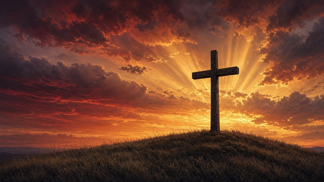 A single empty wooden cross on a grassy hill against a red and gold sunset with rays of light