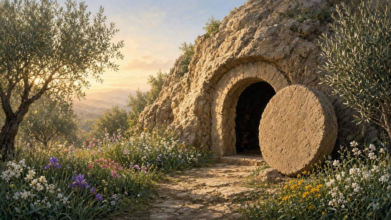 An empty rock-cut tomb in a garden at dawn, its large round stone rolled away from the open doorway, with olive trees and spring flowers