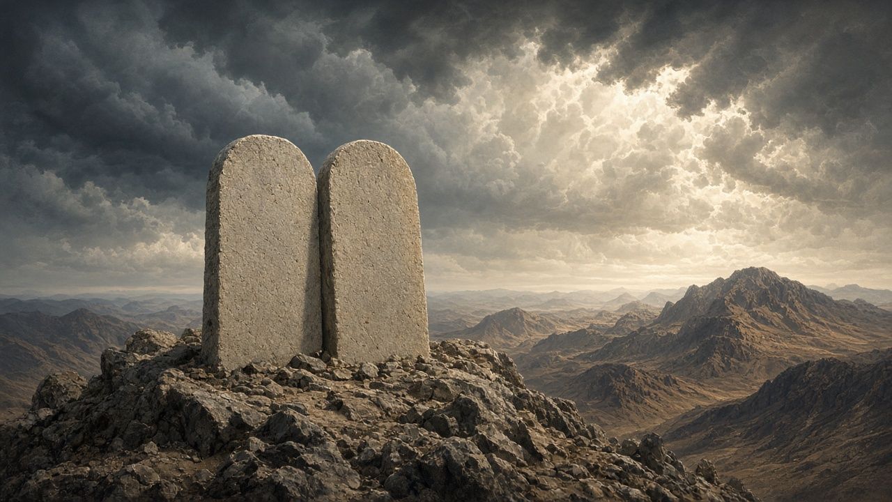 Two blank stone tablets on a rocky mountain summit under storm clouds, with light breaking through