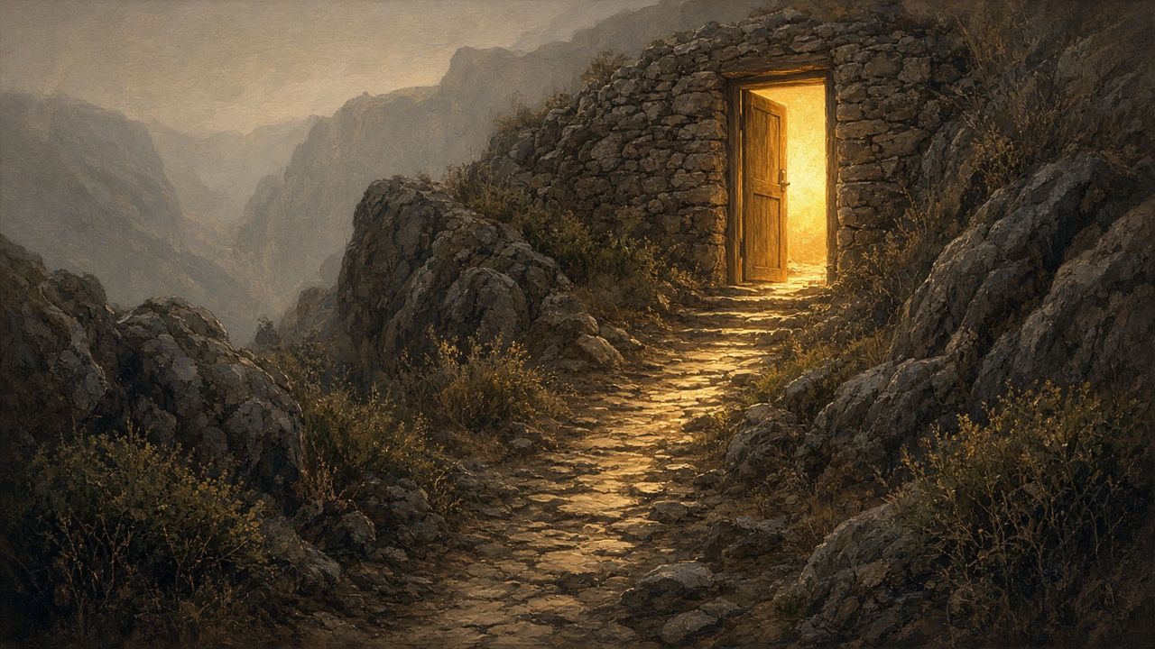 A narrow stone path climbing through rocky ground to an open wooden door in an old stone wall, with warm golden light pouring out
