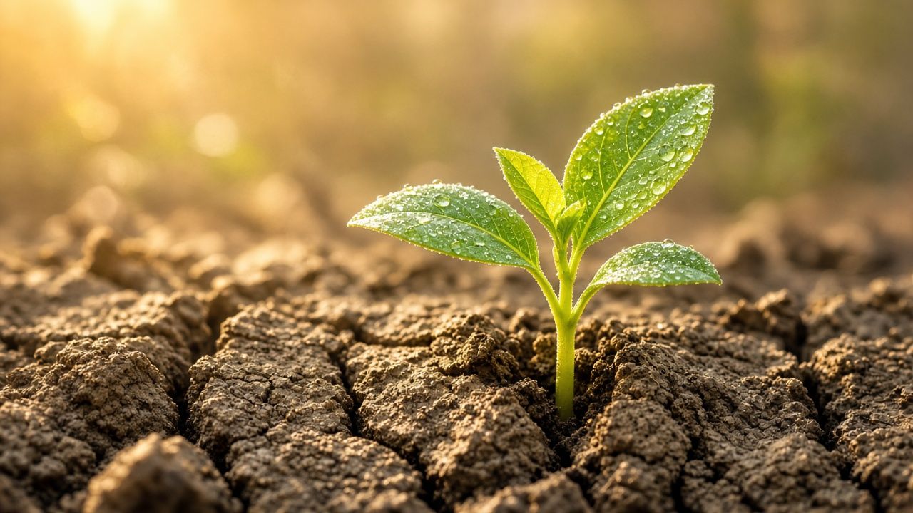 A fresh green seedling with dew drops growing out of dry, cracked earth in warm morning light