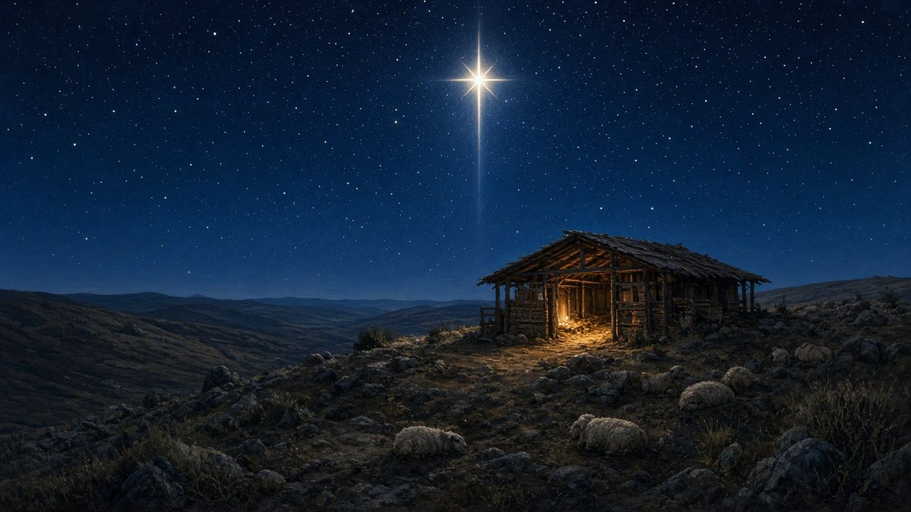 A humble lamplit stable on a dark hillside at night, seen from a distance, with sheep resting nearby and a single bright star above