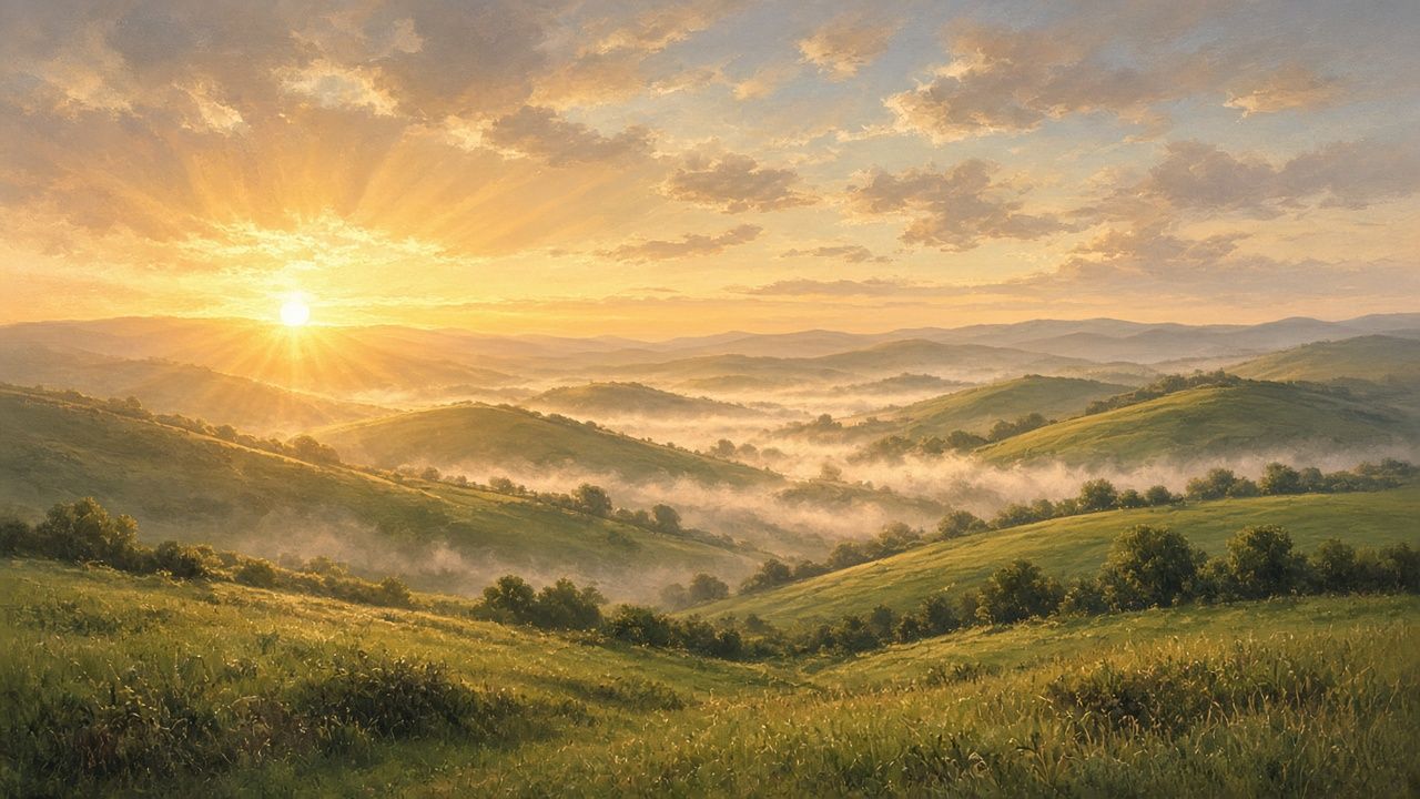 Golden sunrise over misty green hills, with rays of light spreading across the sky